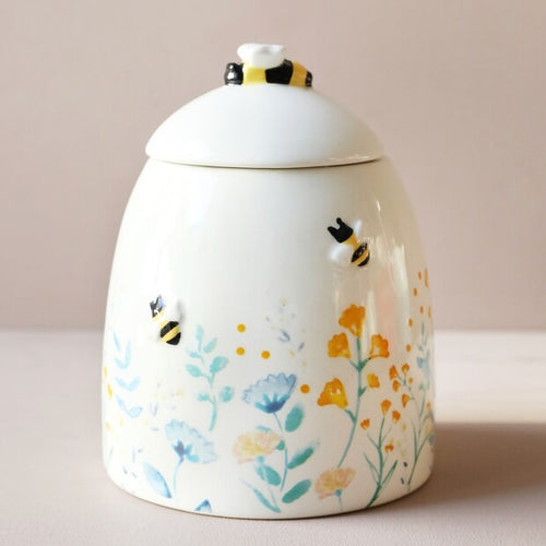 Bee and Floral Ceramic Jar (Sugar Jar) - Cornflower Blue