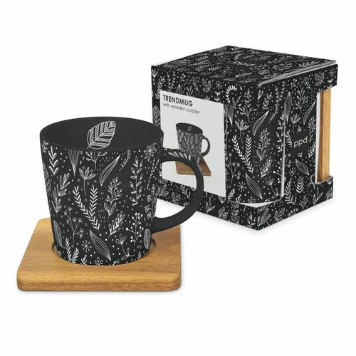 Mug with Coaster in Gift Box - Leaves, Black