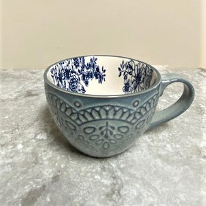 Oversized Ceramic Mug Denim Blue with Flowers